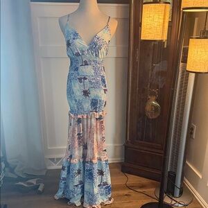 Chic Patchwork Maxi Dress in Blue and Pink